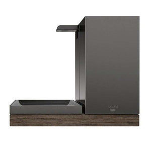 Accessories set in nero and dark oak with toothbrush holder, soap dispenser, soap dish and tray