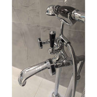 Madison 25943360-00 (XS-026949) Free Standing Bath Mixer with Shower Set, Custom Made Hand Shower with Black Insert, Black Lever and Tzelan Handles in Chrome
