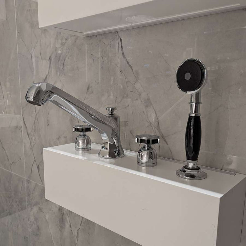Dornbracht 27502370-00 (XS-027979) Madison Flair 4-Hole Bath Mixer with Custom Made Tzelan Handles in Polished Chrome