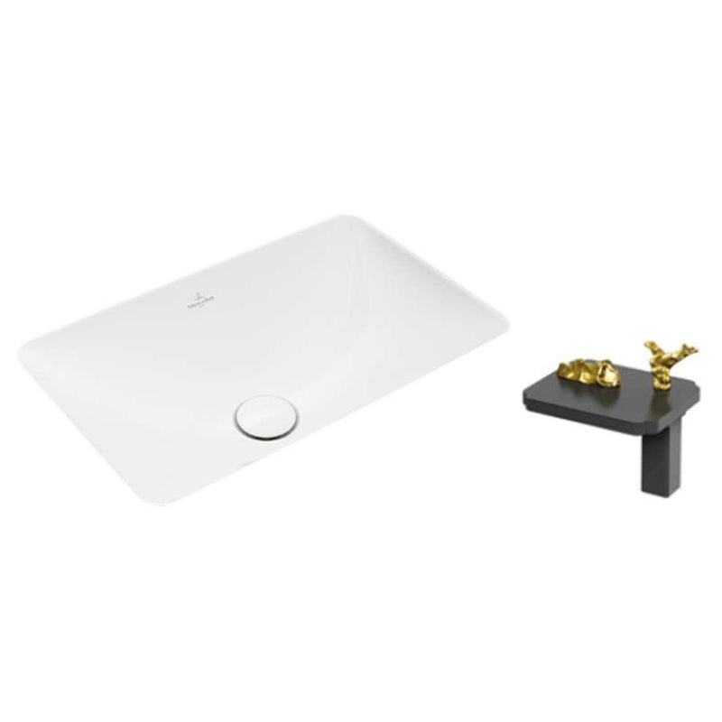 Loop & Friends 4A5600R1 Undercounter Washbasin 450 x 280mm in White Alpin CeramicPlus with LIMBONSAI 79121NBDG Deck-mounted Single-lever Basin Mixer in Na-No Black w/ Dark Gold Knobs