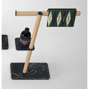 DOT LINE ADTL0463RTN Floorstanding element in natural oak and black Marquina marble with the function of towel holder, toilet paper holder and soap dish