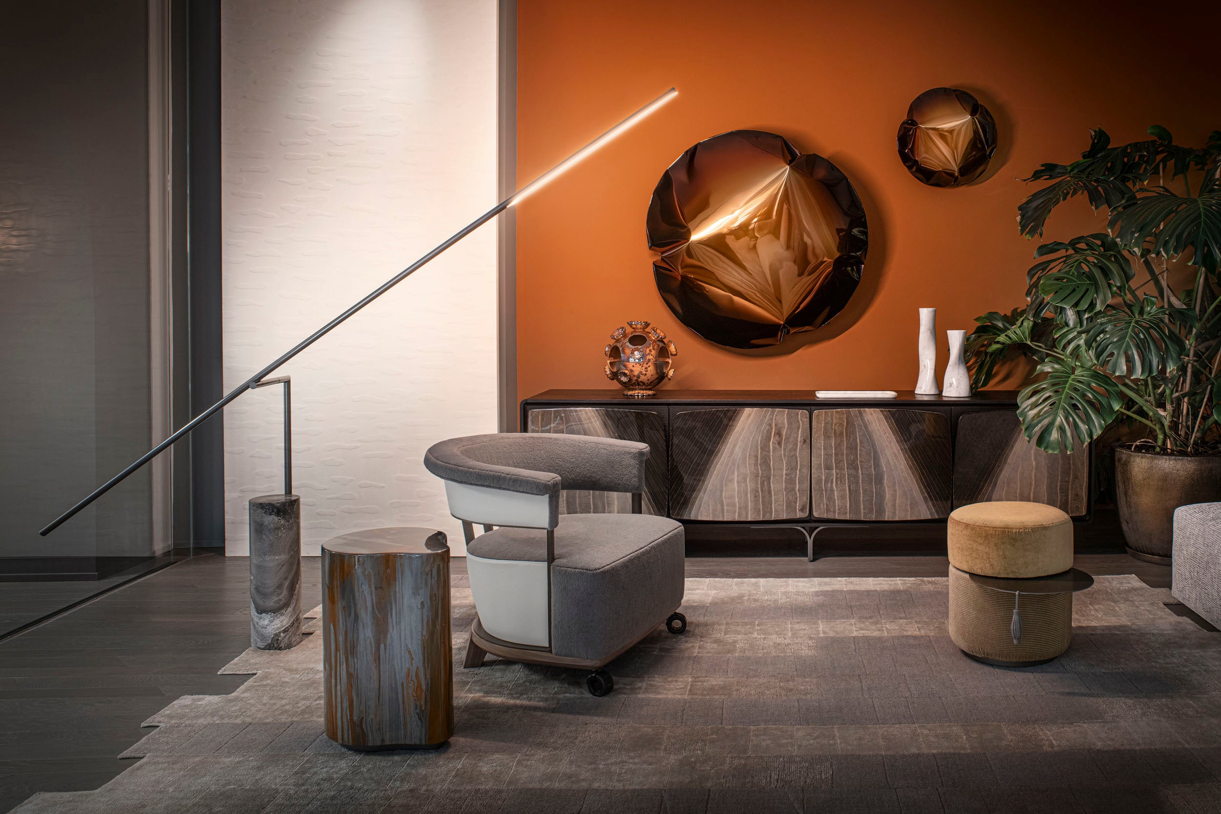 Modern interior design with furniture and decorative elements in a stylish room.
