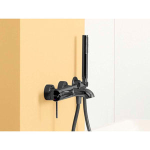 Roca NU Wall-mounted bath-shower mixer with automatic diverter and Pin handle (A5A023FCN0/ + STELLA Sliding bar 800mm with adjustable bracket + 1700mm anti-torsion metallic shower hose + stick round handshower in Titanium Black