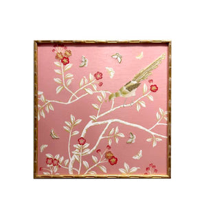 Chinoiserie 2.0 Custom TSPK Birds & Butterflies Framed Art hand-painted & embellished silk wallpaper 1000 x 1000 mm