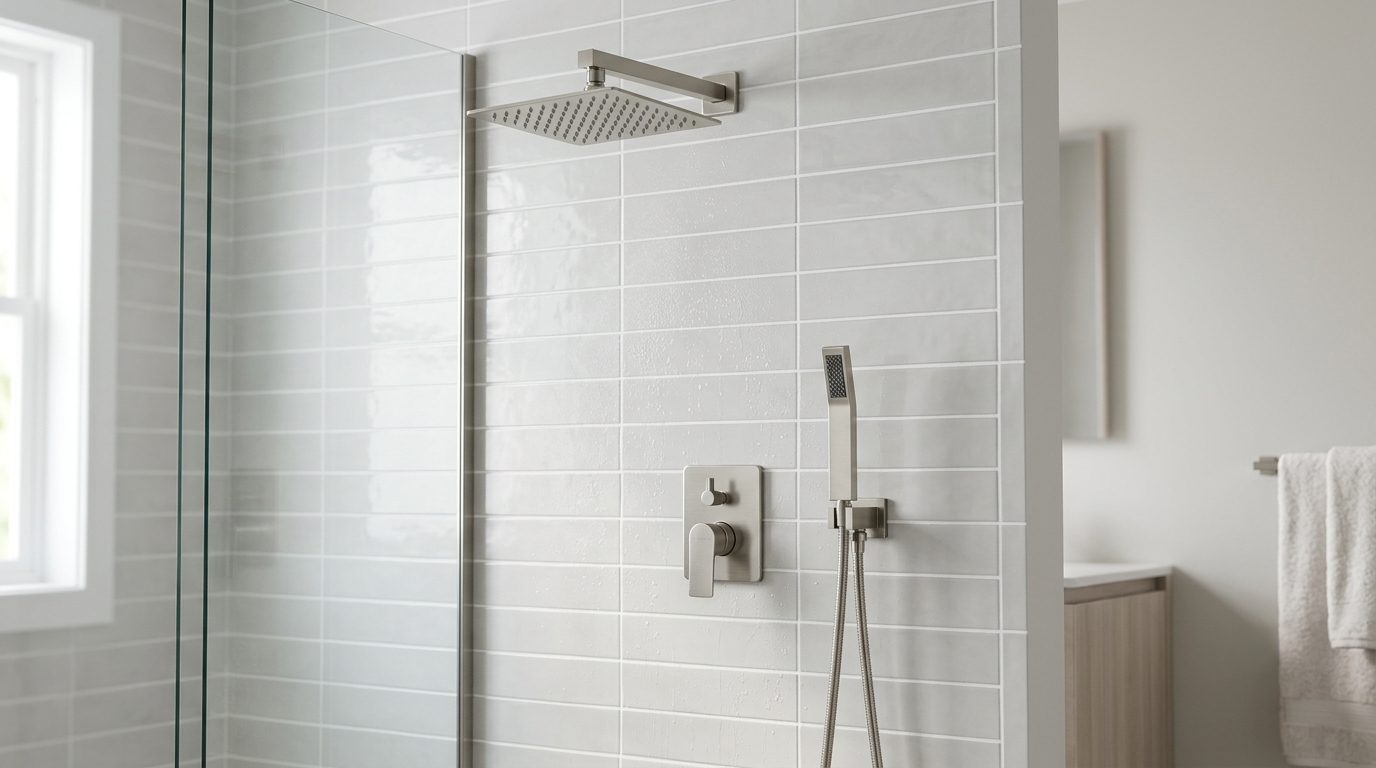 Close-up of a shower head with water droplets in sepia tone