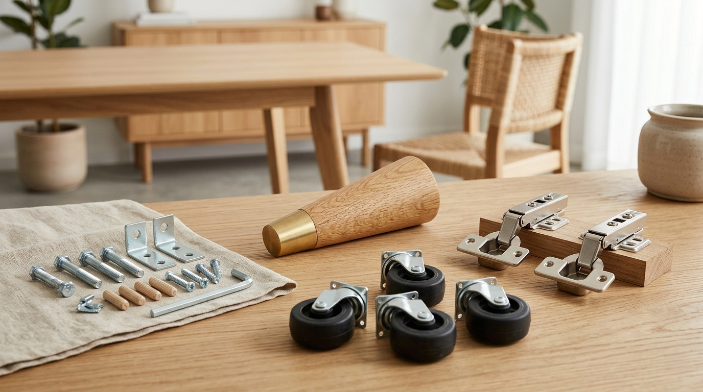 Set of furniture casters and hardware on a wooden table with a dining area in the background.