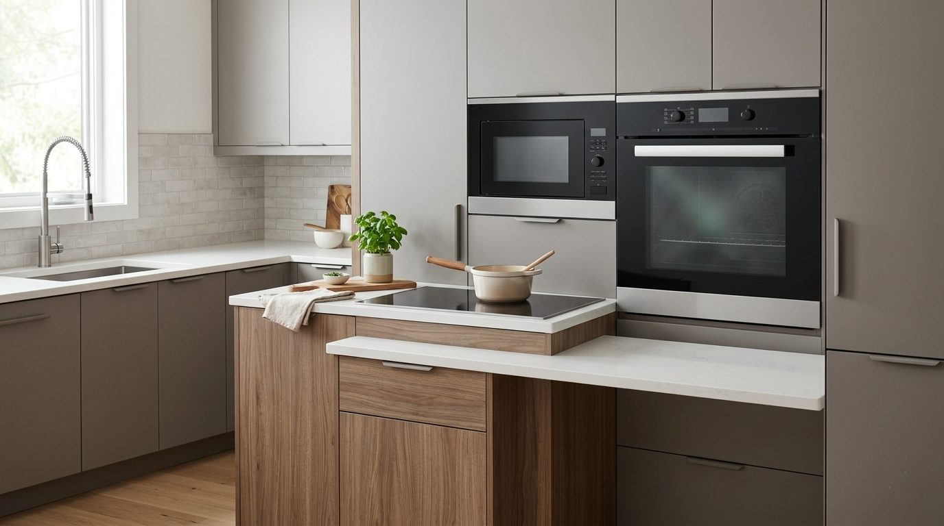 Modern kitchen with stainless steel appliances and wooden island