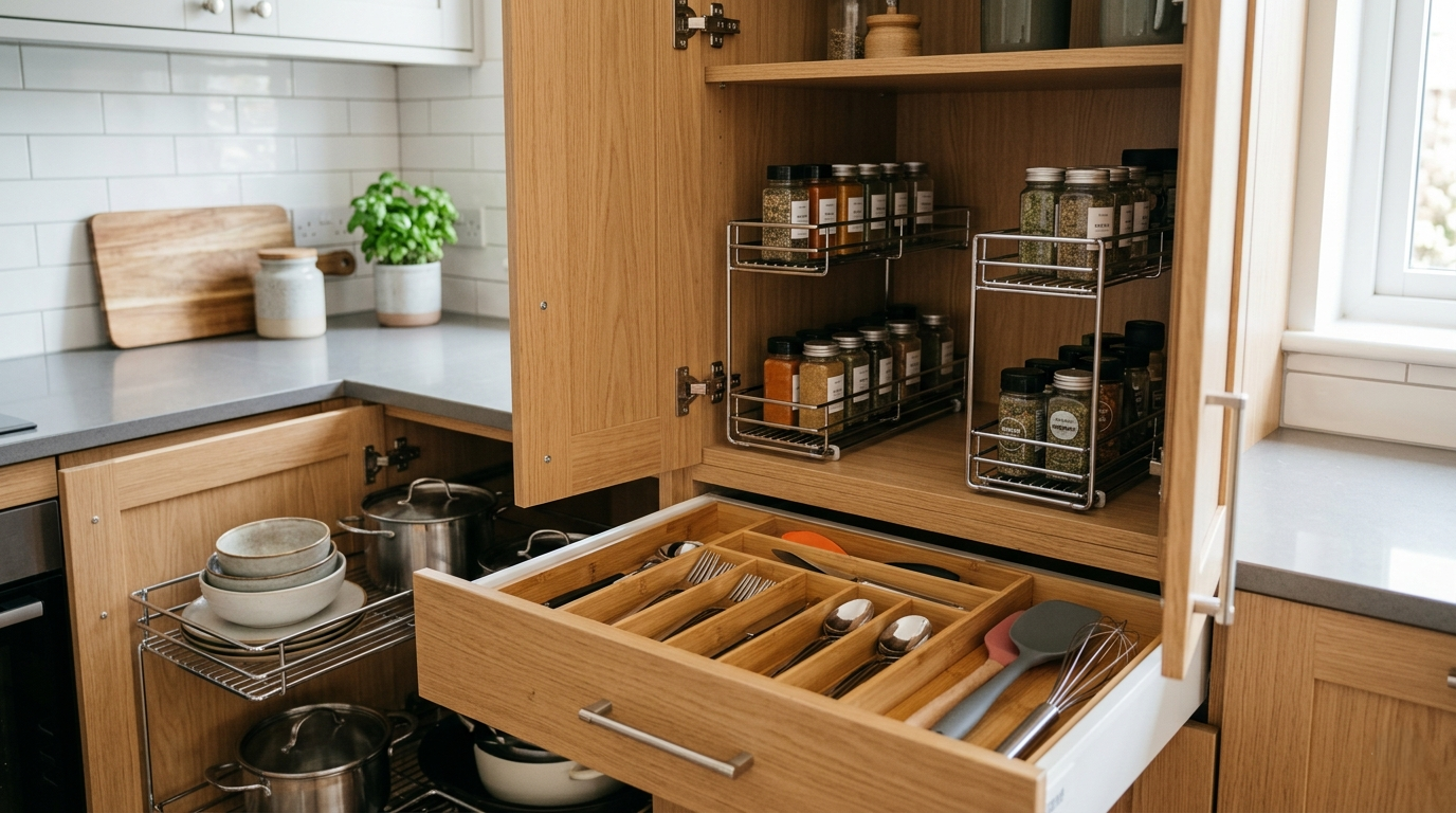 Open kitchen cabinet with utensils and spices, showing a well-organized kitchen.