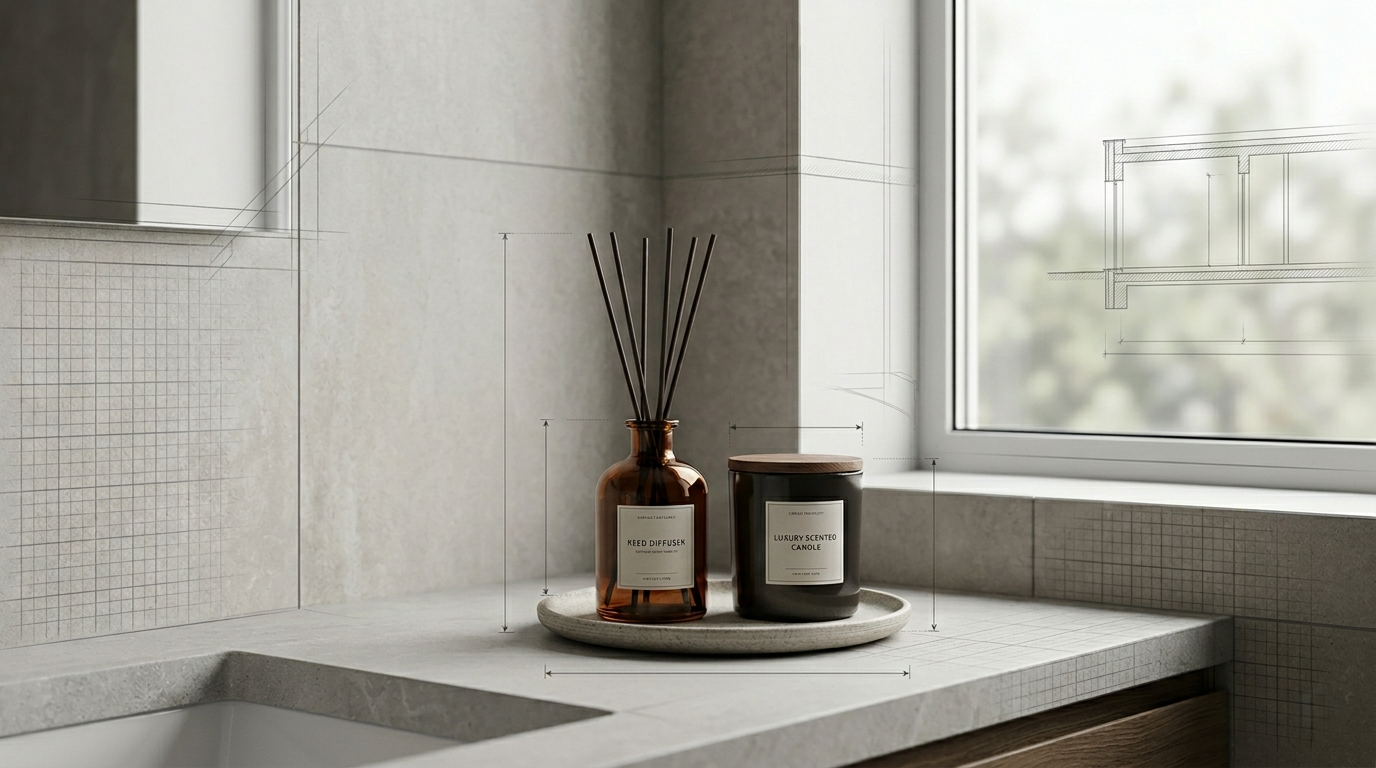 Bathroom counter with candles and diffuser near a window
