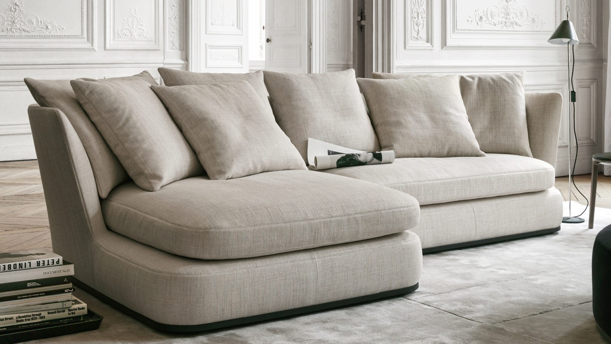 Beige sectional sofa in a modern living room setting