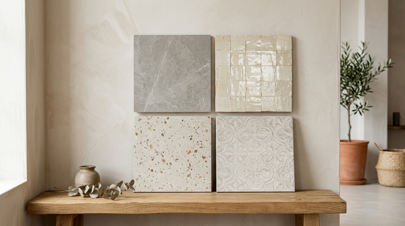 Four square tiles with different textures on a wooden shelf against a neutral wall.