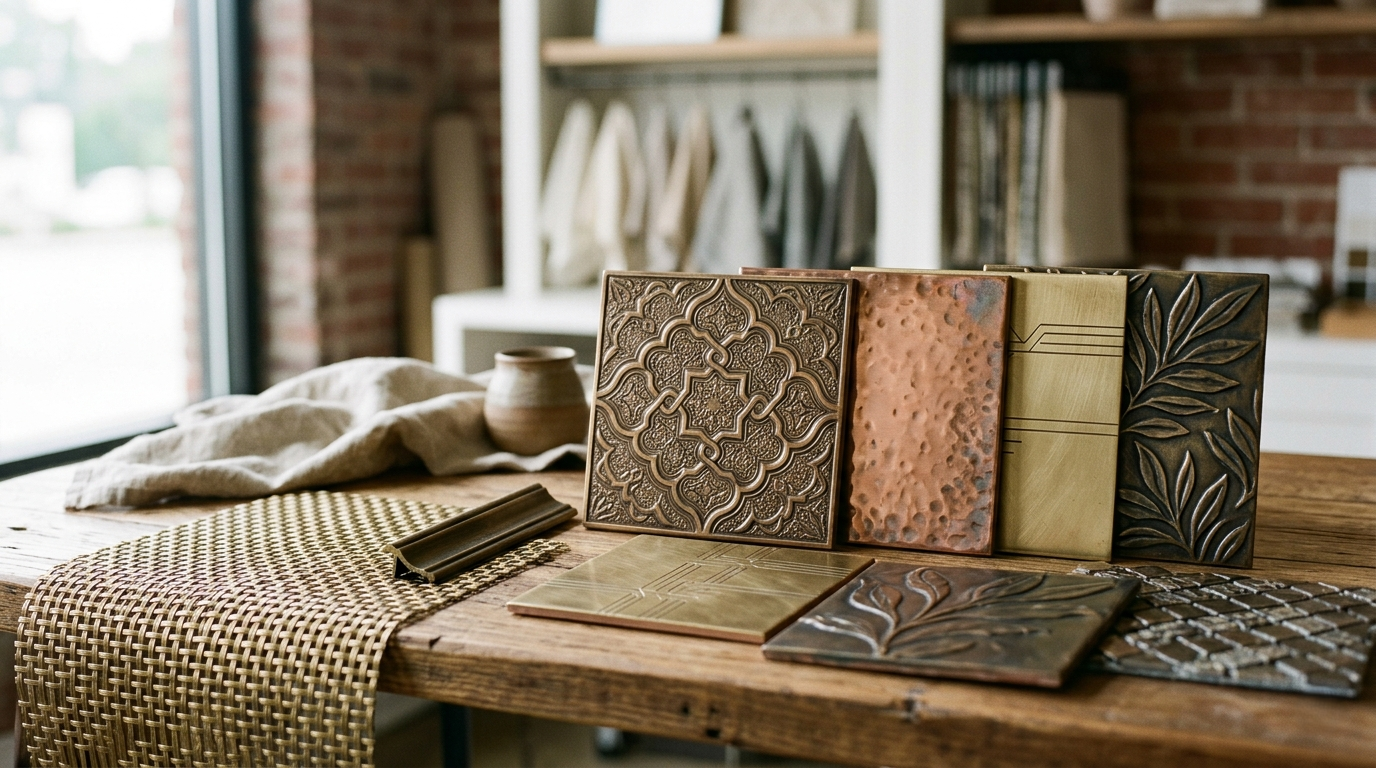Decorative books with embossed designs on a wooden table in a home setting.
