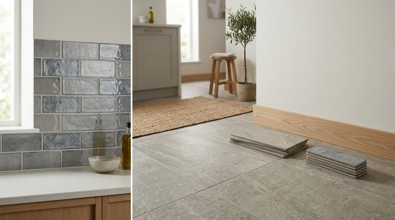 Gray tiled wall and floor with a plant and wooden stool in a room.