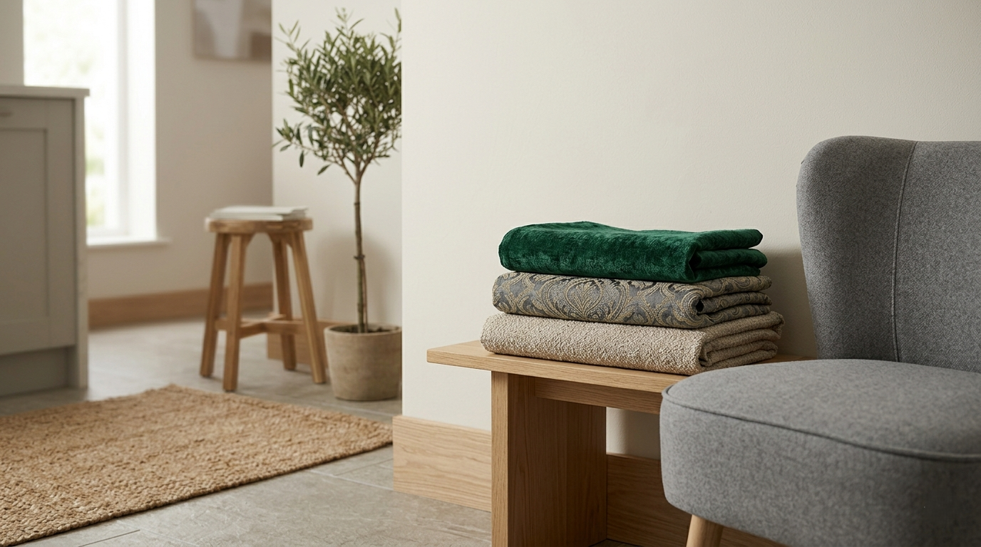 Stack of folded clothes on a wooden bench in a room with a gray chair and plant.