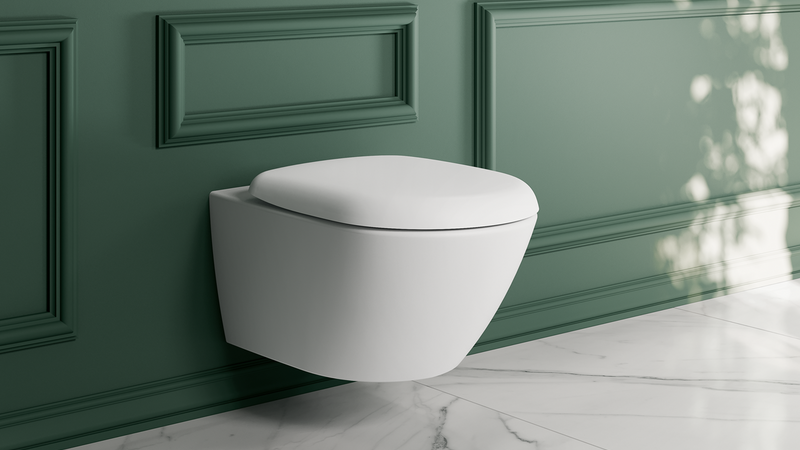 White wall-mounted toilet in a bathroom with green paneled walls and towels.