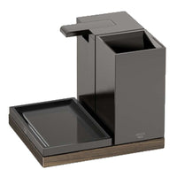 Accessories set in nero and dark oak with toothbrush holder, soap dispenser, soap dish and tray