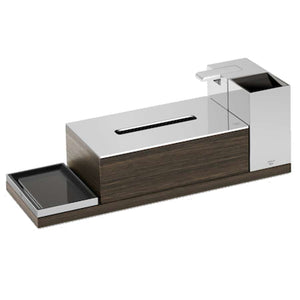 Accessories Set in Chrome and Dark Oak with Toothbrush Holder, Soap Dispenser, Soap Dish, Tissue Box Holder and Tray