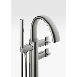 Floorstanding thermostatic bath-shower mixer in brushed steel with handshower and 1.5 m shower hose