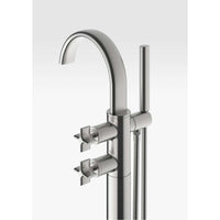 Floorstanding thermostatic bath-shower mixer in brushed steel with handshower and 1.5 m shower hose