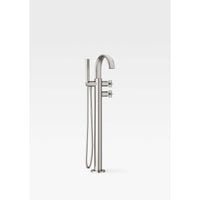 Floorstanding thermostatic bath-shower mixer in brushed steel with handshower and 1.5 m shower hose