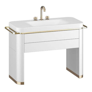 Wood base furniture 1222 x 520 x 850 mm in off-white with greige lateral towel rails, off-white counter top washbasin with 3 tap-holes and lateral cabinets