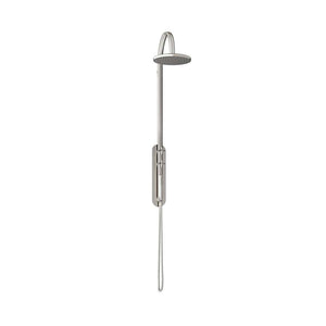 Built-in thermostatic shower column in brushed steel with handshower and high-flow rain shower head
