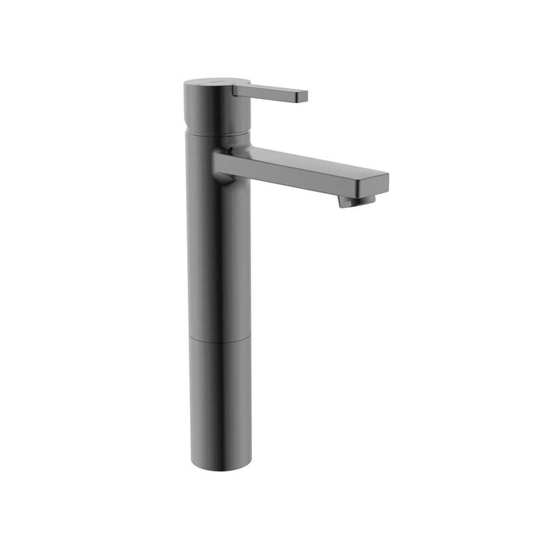 Naia Single lever extended height basin mixer with smooth body, Cold Start in brushed titanium black