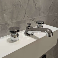 Dornbracht 20700370-00 (XS-027978) Madison Flair Brass Three  Hole Basin Mixer with Custom Tzelan Handles (Hot & Cold) & Tzeland Drain Pull in Polished Chrome