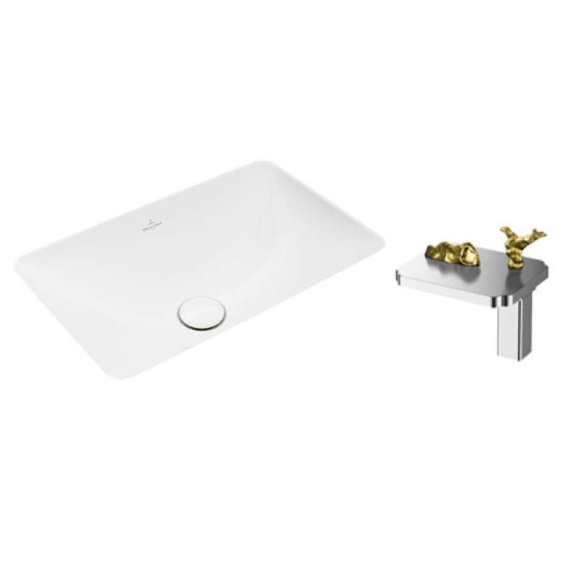 Villeroy & Boch, LOOP & FRIENDS, 4A5600R1, UNDERCOUNTER WASHBASIN in R1 White Alpin CeramicPlus 450 x 280 mm with LIMBONSAI 79121CMDG Deck-mounted Single-lever Basin Mixer in Chrome w/ Dark Gold Knobs