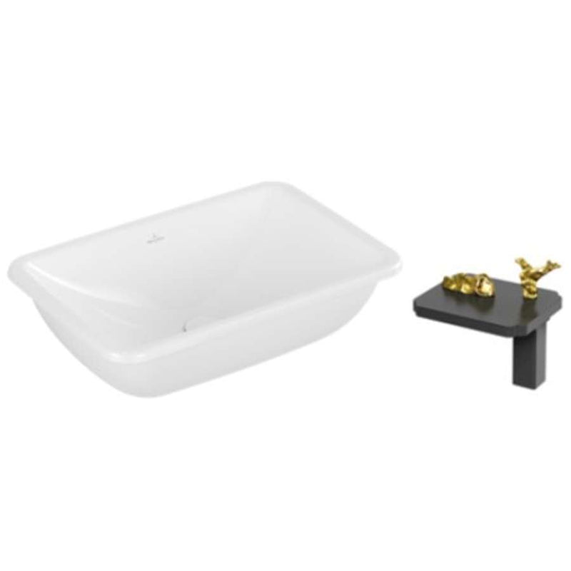 Villeroy & Boch, LOOP & FRIENDS, 4A5700R1, UNDERCOUNTER WASHBASIN in R1 White Alpin CeramicPlus 540 x 340 mm with LIMBONSAI 79121NBDG Deck-mounted Single-lever Basin Mixer in Na-No Black w/ Dark Gold Knobs