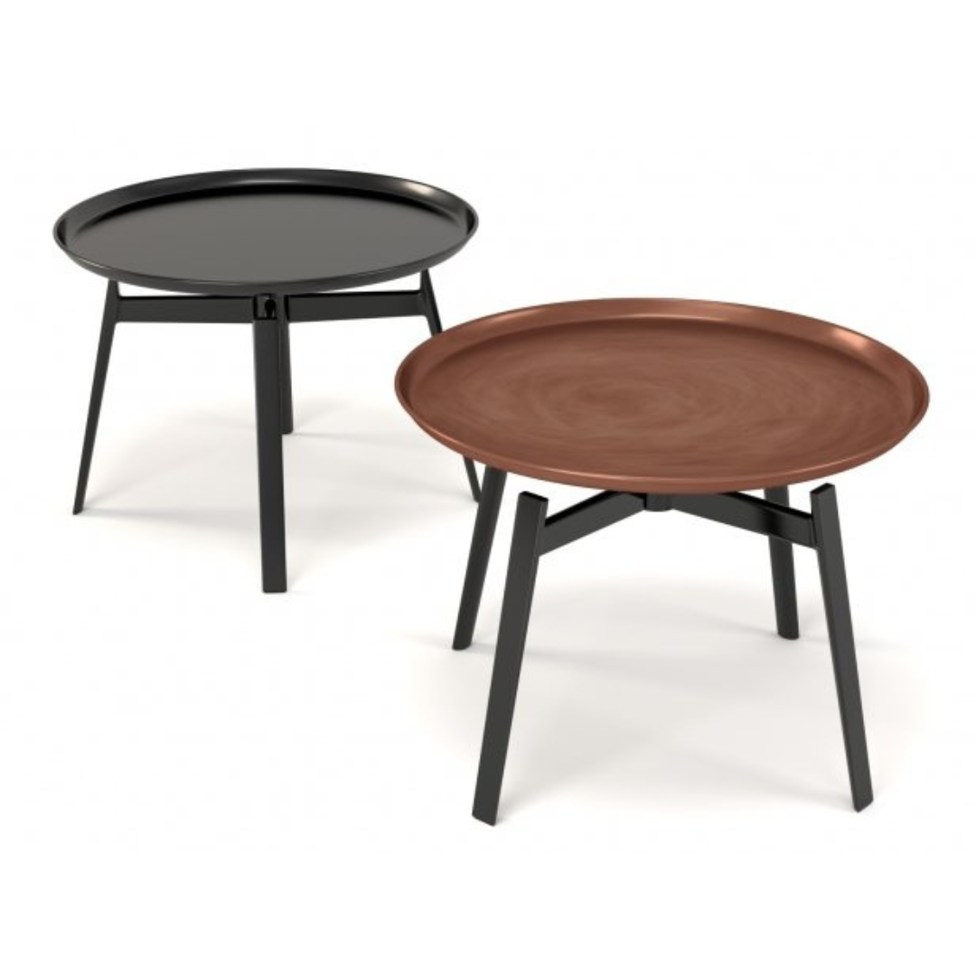 Two round tables, one black and one brown, on a white background