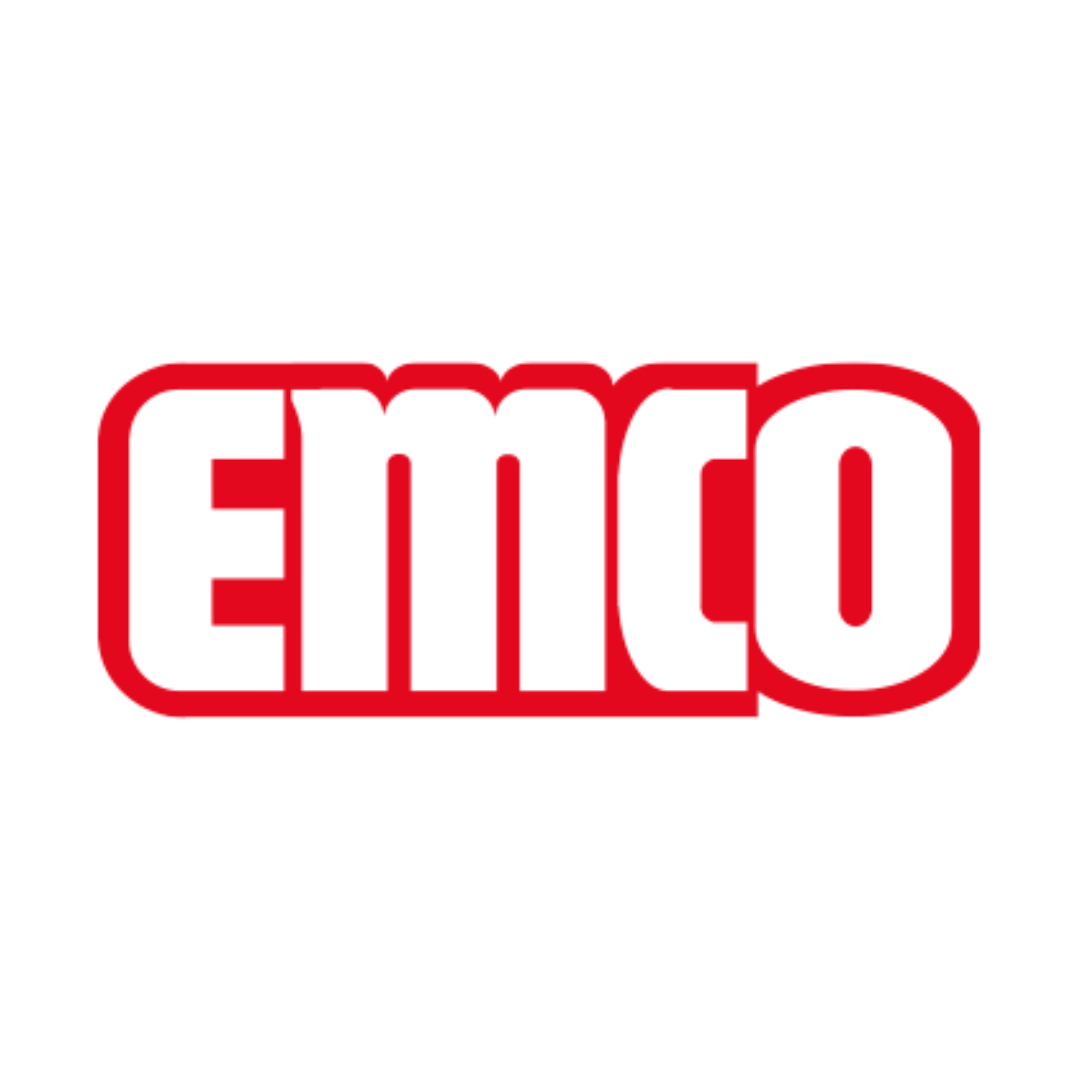 EMCO logo in red and white on a white background