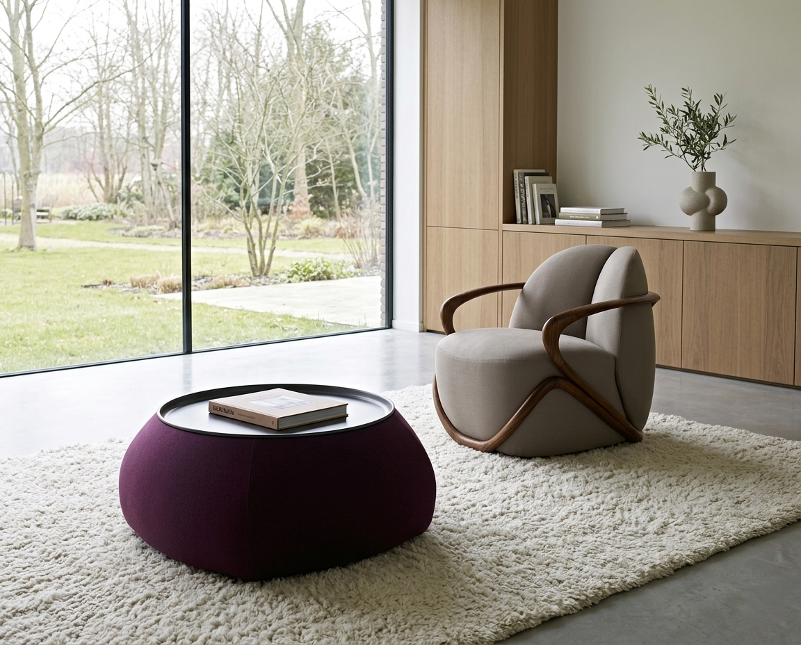 Modern living room with a gray armchair, purple coffee table, and large windows.