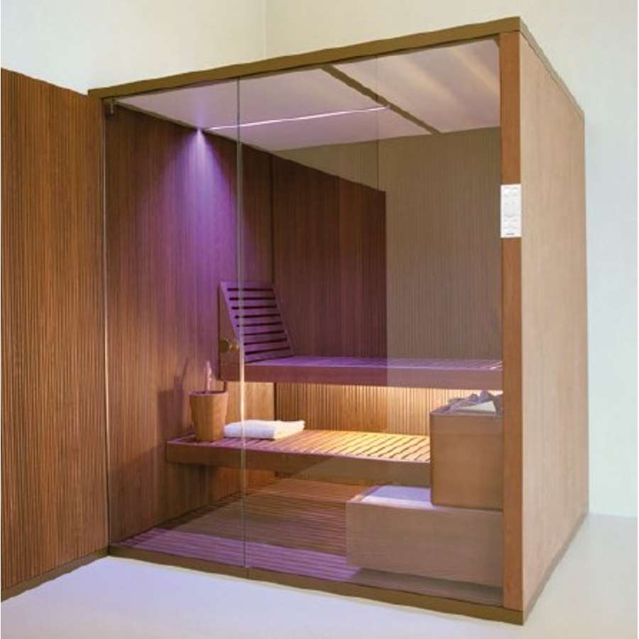 Bodylove S Left-Hand Corner, Interior in Heat-treated wood, Outside wall in Smooth heat-treated wood