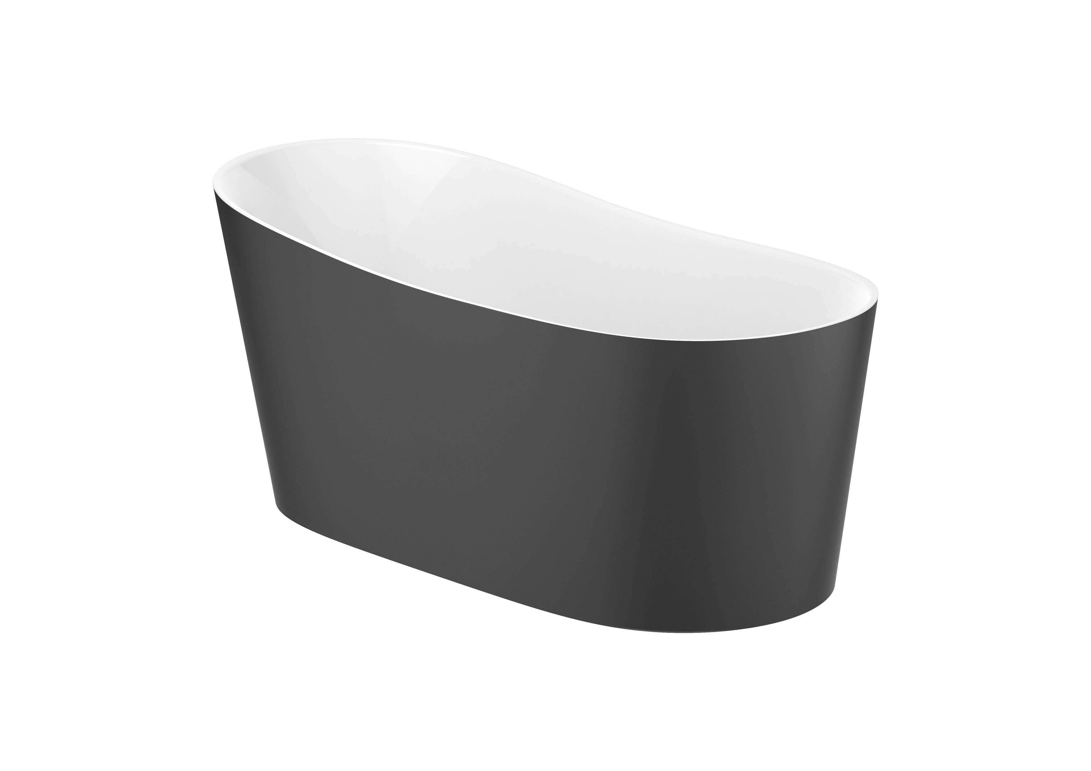 Oval freestanding bathtub with black and white design on a white background