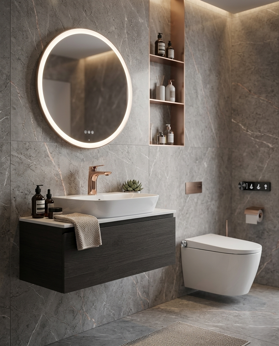 Modern bathroom with gray tiles, a round mirror, sink, and toilet.