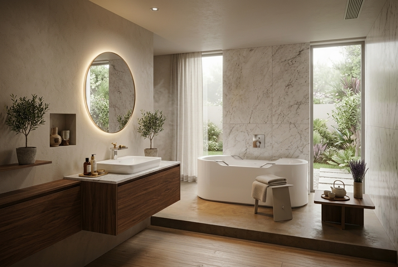 Modern bathroom with a bathtub, sink, and decorative elements.