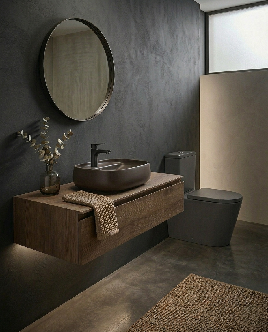 Modern bathroom with wooden vanity, round mirror, and dark fixtures.