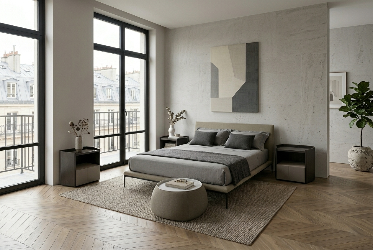 Modern bedroom with large windows, gray bedding, and decorative elements.