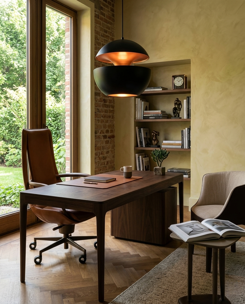 Modern home office with wooden desk, chair, and bookshelf.