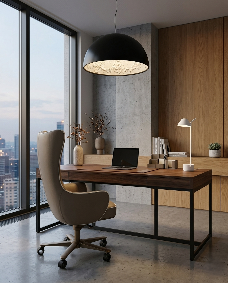 Modern office desk with chair, laptop, and decor in a room with large windows and wooden walls.