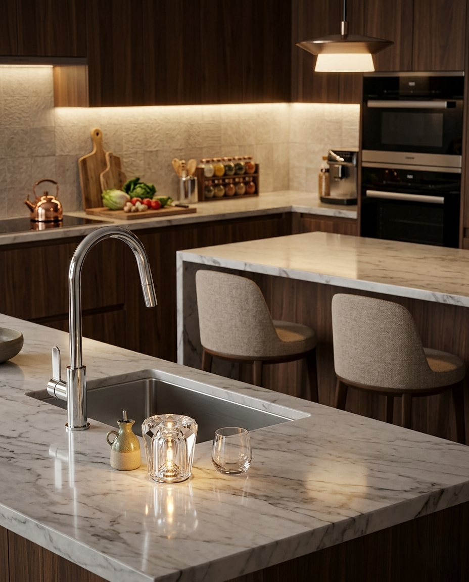 Modern kitchen with marble countertops, stainless steel appliances, and bar stools.