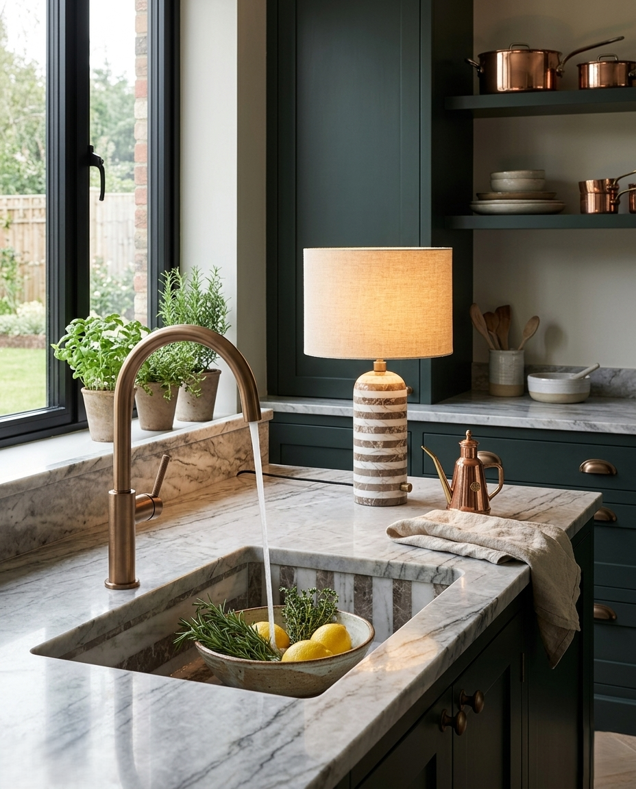 Modern kitchen with marble countertop, copper fixtures, and a lamp.
