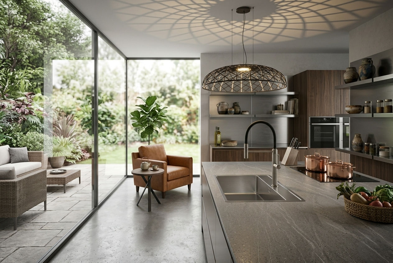 Modern kitchen with a view of a garden