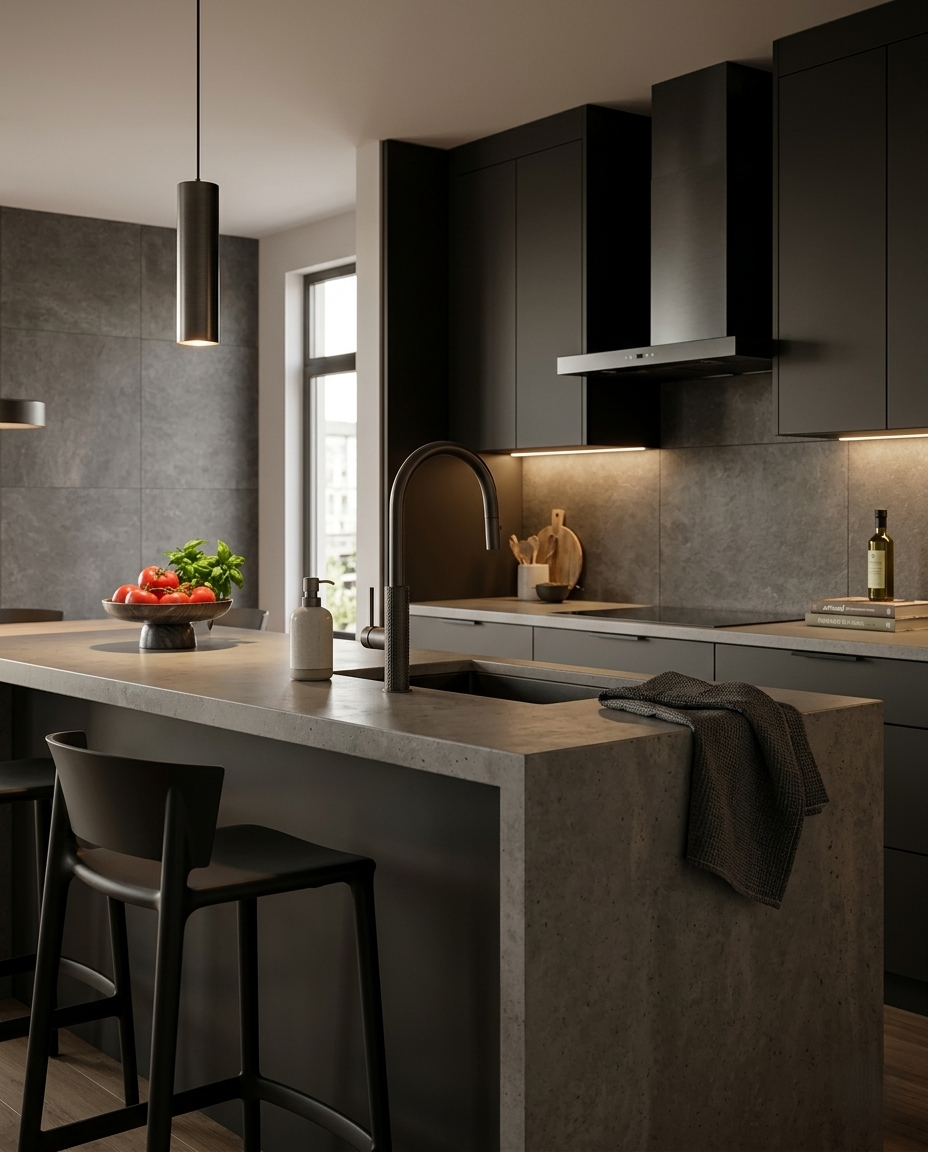 Modern kitchen with dark cabinets, concrete island, and pendant light.