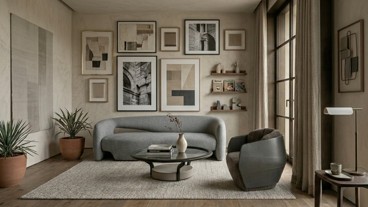 Modern living room with gray sofa, armchair, and decorative elements.