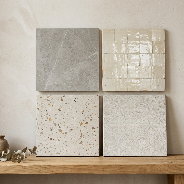 Four square tiles with different textures and patterns on a wooden surface.